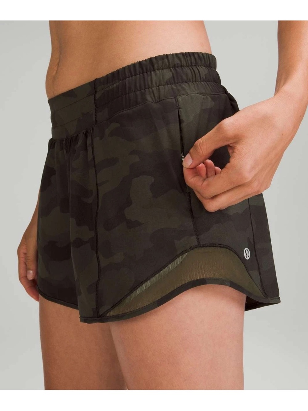 lululemon dark olive camo Hotty hots shorts 4” inseam